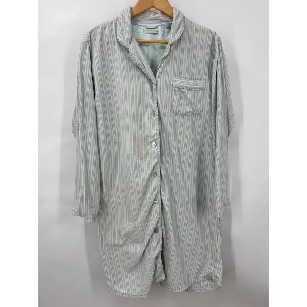 Vintage Lord & Taylor Womens M Fleece Nightgown Pastel Stripe Button Front